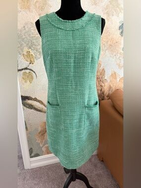 Eliza J Green Sleeveless Shift Dress Size 10 Textured Tweed Pockets Lined